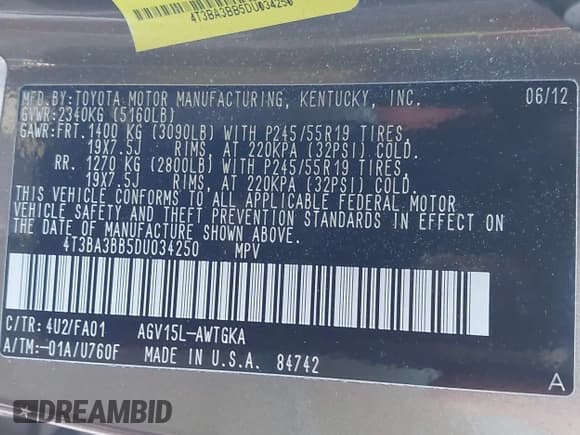 ✅ 2013 Toyota Venza LE • VIN: 4T3BA3BB5DU034250 • Lot: 43755412. Listed on IAAI with 148,103 mi. Free auction sales archive from the USA and detailed vehicle history report at DreamBid. Image 9.