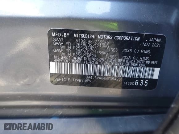 ✅ 2022 Mitsubishi Outlander SEL • VIN: JA4J3VA84NZ054251 • Lot: 43606853. Listed on IAAI with 40,882 mi. Free auction sales archive from the USA and detailed vehicle history report at DreamBid. Image 9.