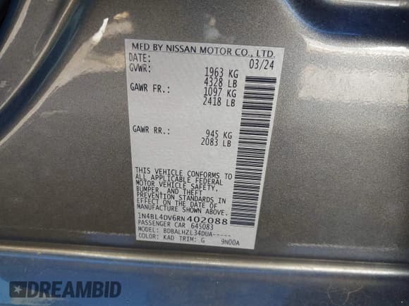 ✅ 2024 Nissan Altima SV • VIN: 1N4BL4DV6RN402088 • Lot: 43574799. Wystawiony na IAAI z przebiegiem 32 631 mil. Bezpłatny archiwum sprzedaży aukcyjnych z USA i szczegółowy raport historii pojazdu na DreamBid. Zdjęcie 9.