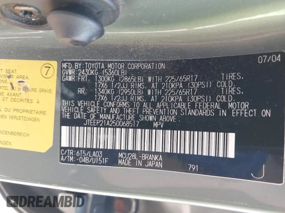 ✅ 2005 Toyota Highlander • VIN: JTEEP21A250068517 • Lot: 43063334. Wystawiony na IAAI z przebiegiem 255 887 mil. Bezpłatny archiwum sprzedaży aukcyjnych z USA i szczegółowy raport historii pojazdu na DreamBid. Zdjęcie 9.