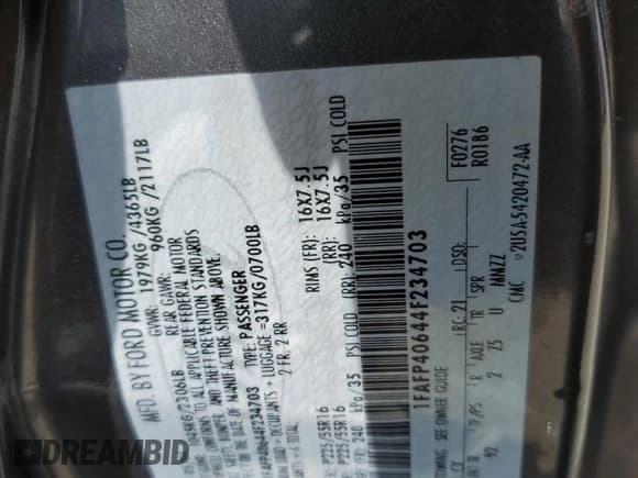 ✅ 2004 Ford Mustang Standard • VIN: 1FAFP40644F234703 • Lot: 55416345. Listed on Copart with 209,284 mi. Free auction sales archive from the USA and detailed vehicle history report at DreamBid. Image 12.