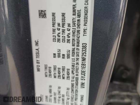 ✅ 2022 Tesla Model 3 Long Range • VIN: 5YJ3E1EB1NF253383 • Лот: 82431875. Опубликован ранее на Copart с пробегом 96 175 миль. Бесплатный доступ к архиву аукционных продаж из США и подробный отчёт об истории автомобиля на DreamBid. Изображение 12.