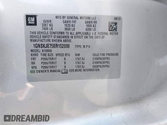 2014 Chevrolet Suburban LT with VIN 1GNSKJE75ER152008, listed as a IAAI auction lot 40938852 with 210,489 mi miles and . Bid and sale history available at DreamBid. Image 9.