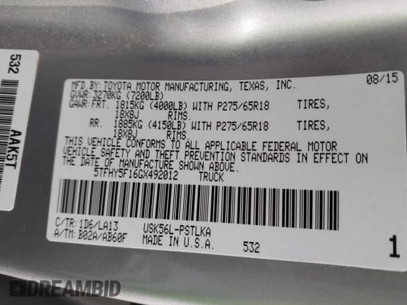 ✅ 2016 Toyota Tundra Limited • VIN: 5TFHY5F16GX492012 • Lot: 41708632. Listed on IAAI with 181,395 mi. Free auction sales archive from the USA and detailed vehicle history report at DreamBid. Image 9.