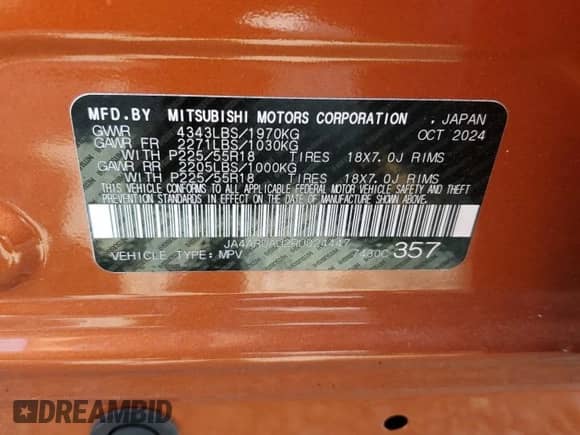 2024 Mitsubishi Outlander S z VIN JA4ARUAU2RU024447, wystawiony jako Copart lot #71514065 z przebiegiem 5 200 mil mil oraz Szkoda całkowita • Salvage title. Historia ofert i sprzedaży dostępna na DreamBid. Obrazek 14.