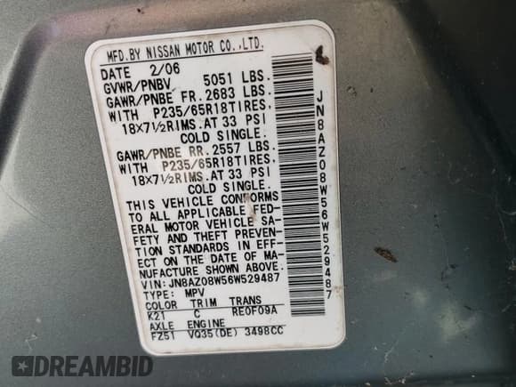 ✅ 2006 Nissan Murano SL • VIN: JN8AZ08W56W529487 • Lot: 87294545. Listed on Copart with 199,393 mi. Free auction sales archive from the USA and detailed vehicle history report at DreamBid. Image 12.