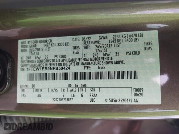 ✅ 2022 Ford F-150 XL • VIN: 1FTEW1EB9NFB50424 • Лот: 43043576. Опубликован ранее на IAAI с пробегом 32 982 миль. Бесплатный доступ к архиву аукционных продаж из США и подробный отчёт об истории автомобиля на DreamBid. Изображение 9.