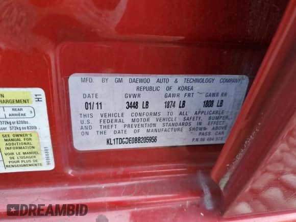 2011 Chevrolet Aveo 1LT с VIN KL1TD6DE0BB205956, выставлен на аукционе Copart как лот 81229124 с пробегом 143 558 миль миль и Списание • Salvage title. История ставок и продаж доступна на DreamBid. Изображение 14.