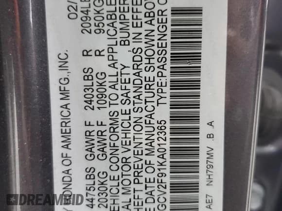 ✅ 2019 Honda Accord Touring • VIN: 1HGCV2F91KA012365 • Lot: 69959045. Listed on Copart with 30,597 mi. Free auction sales archive from the USA and detailed vehicle history report at DreamBid. Image 12.