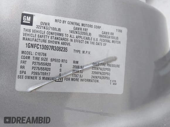 ✅ 2007 Chevrolet Tahoe LTZ • VIN: 1GNFC13097R308235 • Lot: 42516975. Listed on IAAI with 212,988 mi. Free auction sales archive from the USA and detailed vehicle history report at DreamBid. Image 9.