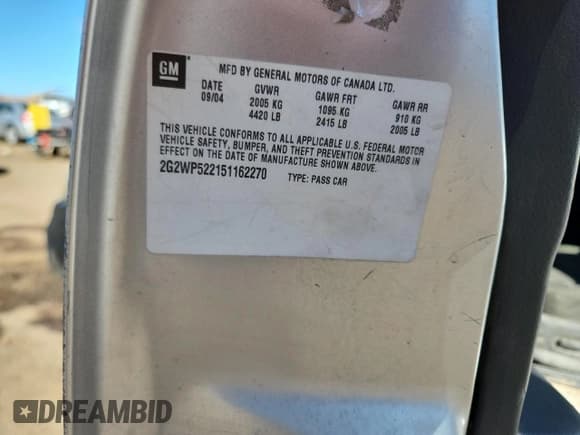 ✅ 2005 Pontiac Grand Prix • VIN: 2G2WP522151162270 • Lot: 83960855. Listed on Copart with 238,343 mi. Free auction sales archive from the USA and detailed vehicle history report at DreamBid. Image 12.