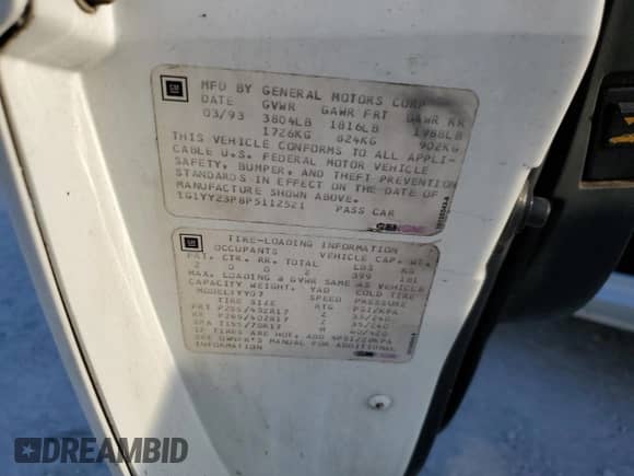 1993 Chevrolet Corvette z VIN 1G1YY23P8P5112521, wystawiony jako Copart lot #85591474 z przebiegiem 176 246 mil mil oraz Szkoda całkowita • Salvage title. Historia ofert i sprzedaży dostępna na DreamBid. Obrazek 12.