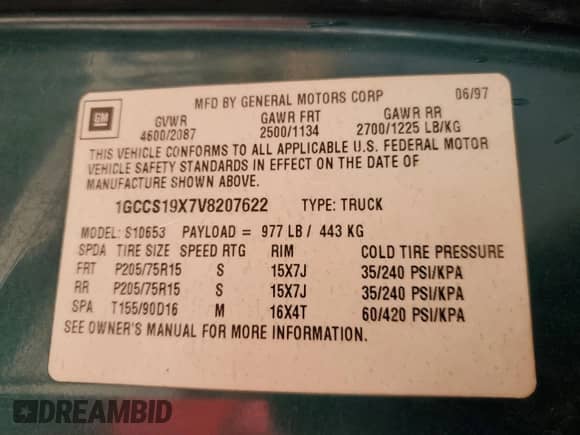 1997 Chevrolet S-10 LS с VIN 1GCCS19X7V8207622, выставлен на аукционе Copart как лот 77944314 с пробегом 223 986 миль миль и Списание • Salvage title. История ставок и продаж доступна на DreamBid. Изображение 13.