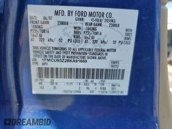 ✅ 2008 Ford Escape XLT • VIN: 1FMCU93Z28KA91669 • Lot: 64966185. Listed on Copart with 204,642 mi. Free auction sales archive from the USA and detailed vehicle history report at DreamBid. Image 13.