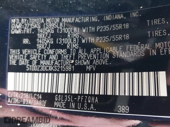 ✅ 2019 Toyota Sienna XLE • VIN: 5TDDZ3DCXKS215981 • Lot: 41196452. Listed on IAAI with 74,551 mi. Free auction sales archive from the USA and detailed vehicle history report at DreamBid. Image 9.