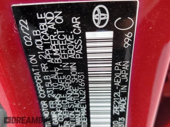 ✅ 2022 Toyota Corolla LE • VIN: JTDEPMAE1NJ216931 • Lot: 86681545. Listed on Copart with 64,048 mi. Free auction sales archive from the USA and detailed vehicle history report at DreamBid. Image 12.