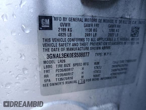 ✅ 2014 Chevrolet Captiva Sport LT • VIN: 3GNAL3EK0ES508077 • Лот: 82817054. Опубликован ранее на Copart с пробегом 141 033 миль. Бесплатный доступ к архиву аукционных продаж из США и подробный отчёт об истории автомобиля на DreamBid. Изображение 13.