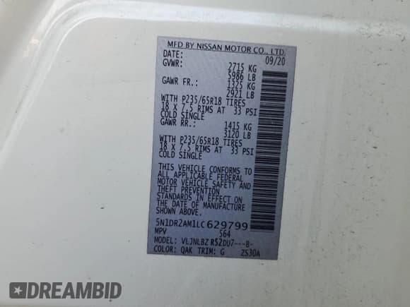 ✅ 2020 Nissan Pathfinder S • VIN: 5N1DR2AM1LC629799 • Lot: 86864325. Wystawiony na Copart z przebiegiem 87 837 mil. Bezpłatny archiwum sprzedaży aukcyjnych z USA i szczegółowy raport historii pojazdu na DreamBid. Zdjęcie 14.