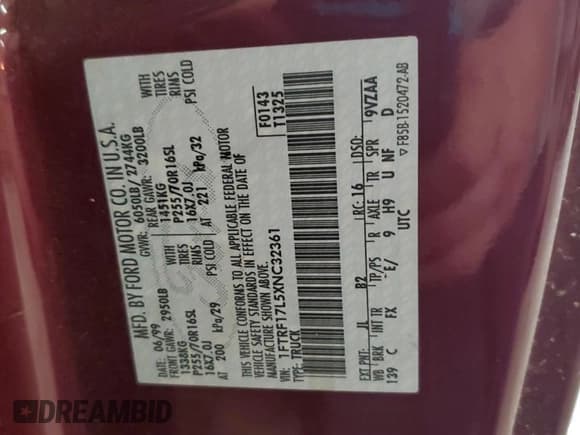 ✅ 1999 Ford F-150 XL • VIN: 1FTRF17L5XNC32361 • Lot: 60094425. Listed on Copart with Not provided. Free auction sales archive from the USA and detailed vehicle history report at DreamBid. Image 12.