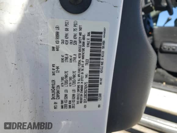 2005 Dodge 3500 SLT z VIN 3D7LS38C95G782475, wystawiony jako Copart lot #45268595 z przebiegiem Nie podano mil oraz Szkoda całkowita • Salvage title. Historia ofert i sprzedaży dostępna na DreamBid. Obrazek 12.