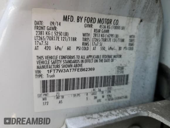 ✅ 2015 Ford F-350 XL • VIN: 1FT7W3AT7FEB62369 • Лот: 63364314. Опубликован ранее на Copart с пробегом Не указан. Бесплатный доступ к архиву аукционных продаж из США и подробный отчёт об истории автомобиля на DreamBid. Изображение 12.