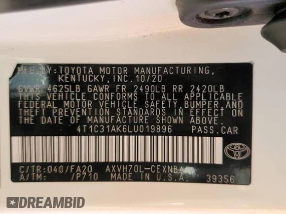 2020 Toyota Camry Hybrid LE with VIN 4T1C31AK6LU019896, listed as a Copart auction lot 81280005 with 61,000 mi miles and Salvage title. Bid and sale history available at DreamBid. Image 13.