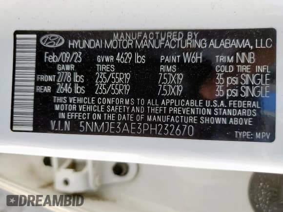 ✅ 2023 Hyundai Tucson Limited • VIN: 5NMJE3AE3PH232670 • Lot: 71273755. Listed on Copart with 46,629 mi miles. Access the free auction sales archive from the USA and view a detailed vehicle history report at DreamBid. Image 13.