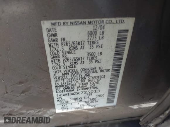 ✅ 2005 Nissan Pathfinder SE • VIN: 5N1AR18W25C725013 • Lot: 43710914. Listed on IAAI with 261,772 mi. Free auction sales archive from the USA and detailed vehicle history report at DreamBid. Image 9.