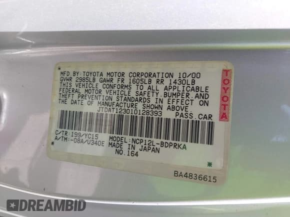 ✅ 2001 Toyota ECHO • VIN: JTDAT123010128393 • Лот: 42690779. Опубликован ранее на IAAI с пробегом 234 710 миль. Бесплатный доступ к архиву аукционных продаж из США и подробный отчёт об истории автомобиля на DreamBid. Изображение 9.