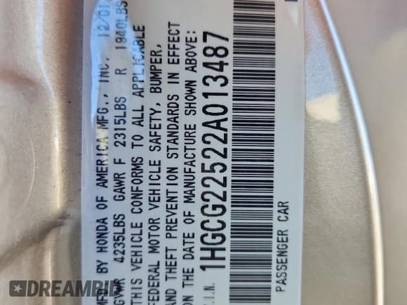 ✅ 2002 Honda Accord EX • VIN: 1HGCG22522A013487 • Lot: 91514925. Listed on Copart with 139,710 mi. Free auction sales archive from the USA and detailed vehicle history report at DreamBid. Image 12.