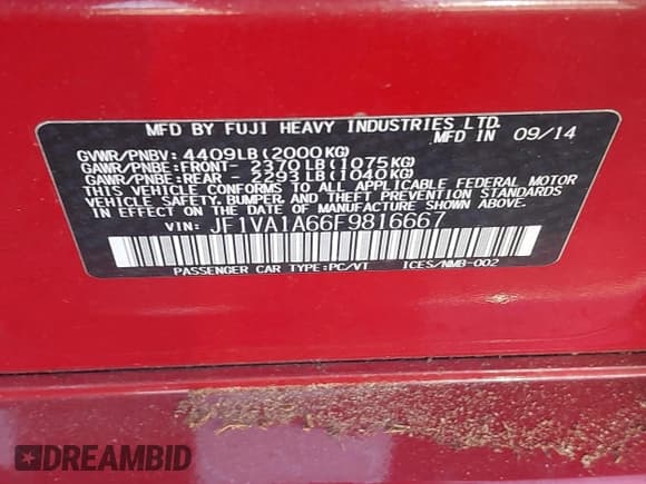 ✅ 2015 Subaru WRX • VIN: JF1VA1A66F9816667 • Lot: 42983062. Listed on IAAI with 106,489 mi. Free auction sales archive from the USA and detailed vehicle history report at DreamBid. Image 9.