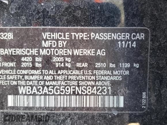 ✅ 2015 BMW 3 Series 328i • VIN: WBA3A5G59FNS84231 • Lot: 80763645. Listed on Copart with 133,948 mi. Free auction sales archive from the USA and detailed vehicle history report at DreamBid. Image 13.