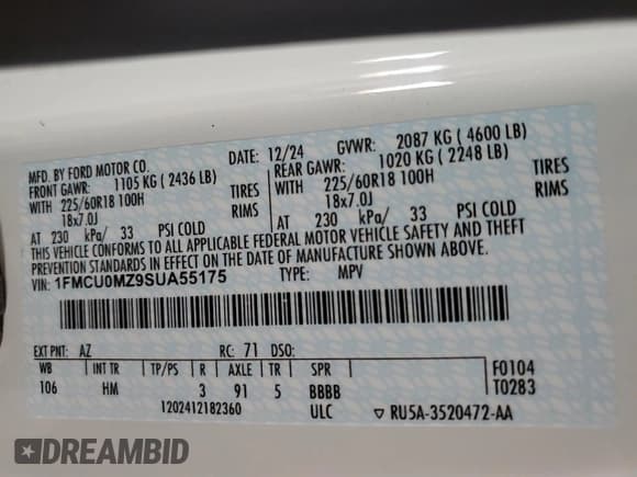 ✅ 2025 Ford Escape ST-Line • VIN: 1FMCU0MZ9SUA55175 • Лот: 91310455. Опубликован ранее на Copart с пробегом 2 083 миль. Бесплатный доступ к архиву аукционных продаж из США и подробный отчёт об истории автомобиля на DreamBid. Изображение 12.