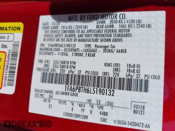 ✅ 2020 Ford Mustang EcoBoost Premium • VIN: 1FA6P8TH6L5190132 • Lot: 43339930. Listed on IAAI with 43,269 mi. Free auction sales archive from the USA and detailed vehicle history report at DreamBid. Image 9.