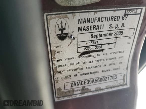 ✅ 2006 Maserati Quattroporte • VIN: ZAMCE39A560021703 • Лот: 85082625. Опубликован ранее на Copart с пробегом Не указан. Бесплатный доступ к архиву аукционных продаж из США и подробный отчёт об истории автомобиля на DreamBid. Изображение 12.