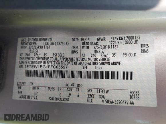 ✅ 2015 Ford F-150 XLT • VIN: 1FTEW1EG1FFC05557 • Lot: 43584157. Listed on IAAI with 218,179 mi. Free auction sales archive from the USA and detailed vehicle history report at DreamBid. Image 9.