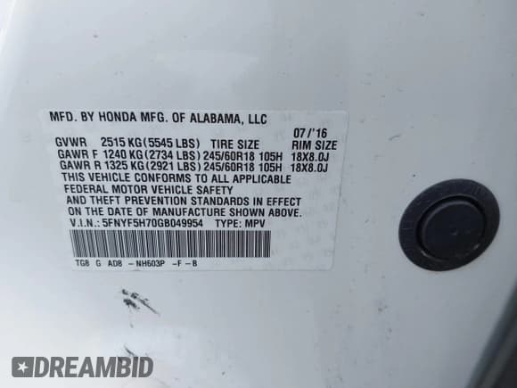 ✅ 2016 Honda Pilot EX-L • VIN: 5FNYF5H70GB049954 • Лот: 42220419. Опубликован ранее на IAAI с пробегом 104 562 миль. Бесплатный доступ к архиву аукционных продаж из США и подробный отчёт об истории автомобиля на DreamBid. Изображение 9.