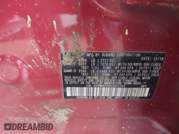 ✅ 2019 Subaru Ascent Premium • VIN: 4S4WMAFD0K3445382 • Lot: 43750624. Listed on IAAI with 196,617 mi. Free auction sales archive from the USA and detailed vehicle history report at DreamBid. Image 9.