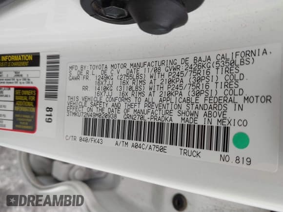 ✅ 2009 Toyota Tacoma PreRunner • VIN: 3TMKU72N49M020938 • Lot: 42422101. Listed on IAAI with 89,335 mi. Free auction sales archive from the USA and detailed vehicle history report at DreamBid. Image 9.