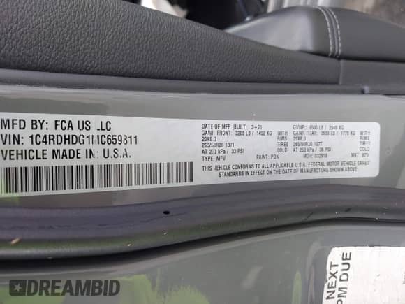 2021 Dodge Durango GT with VIN 1C4RDHDG1MC659811, listed as a IAAI auction lot 43260177 with 83,370 mi miles and . Bid and sale history available at DreamBid. Image 9.