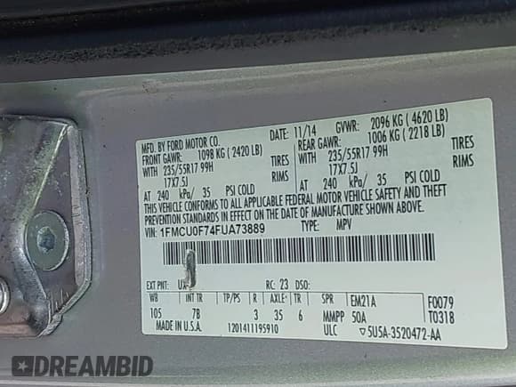 ✅ 2015 Ford Escape S • VIN: 1FMCU0F74FUA73889 • Lot: 43122338. Listed on IAAI with 168,375 mi. Free auction sales archive from the USA and detailed vehicle history report at DreamBid. Image 9.