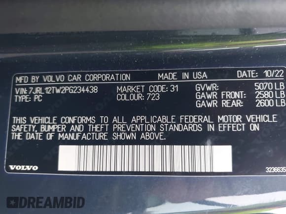 ✅ 2023 Volvo S60 Plus Dark Theme • VIN: 7JRL12TW2PG234438 • Lot: 42180796. Listed on IAAI with 25,594 mi. Free auction sales archive from the USA and detailed vehicle history report at DreamBid. Image 9.