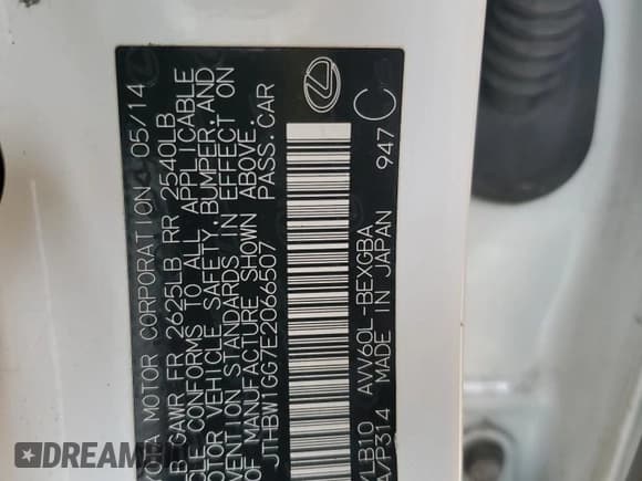 ✅ 2014 Lexus ES 300h • VIN: JTHBW1GG7E2066507 • Lot: 87070385. Listed on Copart with 192,440 mi. Free auction sales archive from the USA and detailed vehicle history report at DreamBid. Image 12.