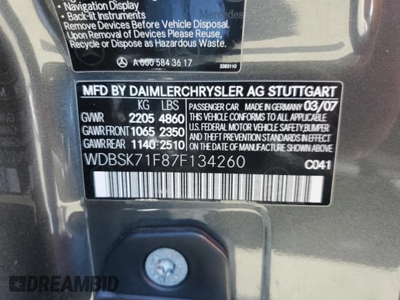 ✅ 2007 Mercedes-Benz SL 550 • VIN: WDBSK71F87F134260 • Lot: 55162925. Listed on Copart with 124,705 mi. Free auction sales archive from the USA and detailed vehicle history report at DreamBid. Image 12.