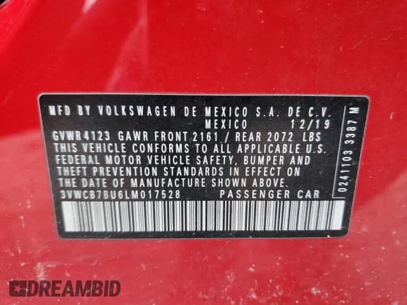 ✅ 2020 Volkswagen Jetta S • VIN: 3VWCB7BU6LM017528 • Lot: 92043945. Listed on Copart with 98,200 mi. Free auction sales archive from the USA and detailed vehicle history report at DreamBid. Image 12.