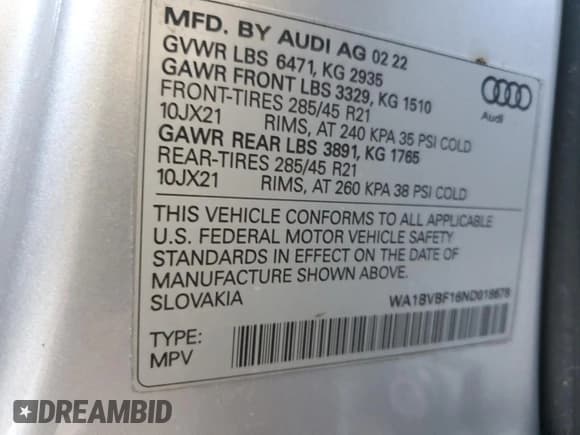 ✅ 2022 Audi Q8 Premium Plus • VIN: WA1BVBF16ND018678 • Lot: 50139975. Listed on Copart with 45,010 mi. Free auction sales archive from the USA and detailed vehicle history report at DreamBid. Image 13.