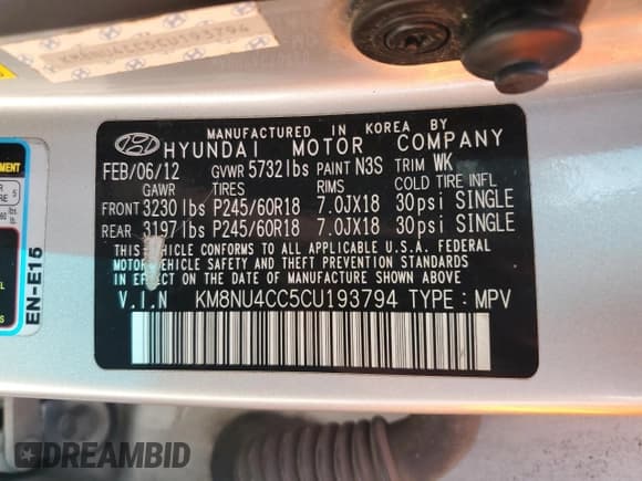 ✅ 2012 Hyundai Veracruz Limited • VIN: KM8NU4CC5CU193794 • Lot: 72006485. Listed on Copart with 263,921 mi. Free auction sales archive from the USA and detailed vehicle history report at DreamBid. Image 14.