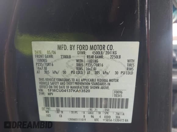 ✅ 2007 Ford Escape Limited • VIN: 1FMCU04137KA13520 • Lot: 43419709. Listed on IAAI with 238,111 mi. Free auction sales archive from the USA and detailed vehicle history report at DreamBid. Image 9.