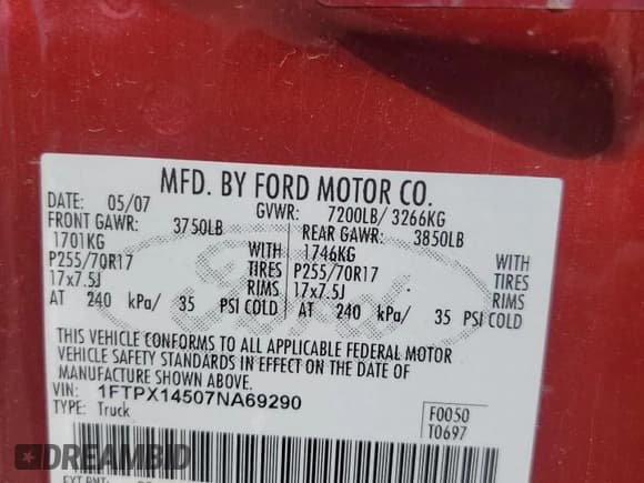 ✅ 2007 Ford F-150 XLT • VIN: 1FTPX14507NA69290 • Lot: 53051405. Listed on Copart with Not provided. Free auction sales archive from the USA and detailed vehicle history report at DreamBid. Image 15.