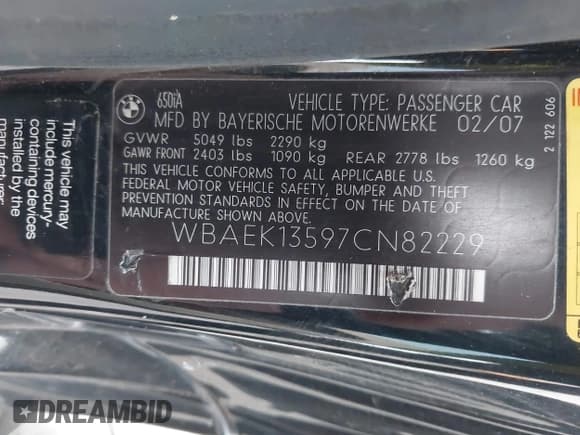 ✅ 2007 BMW 6 Series 650i • VIN: WBAEK13597CN82229 • Lot: 43732521. Listed on IAAI with 87,945 mi. Free auction sales archive from the USA and detailed vehicle history report at DreamBid. Image 9.